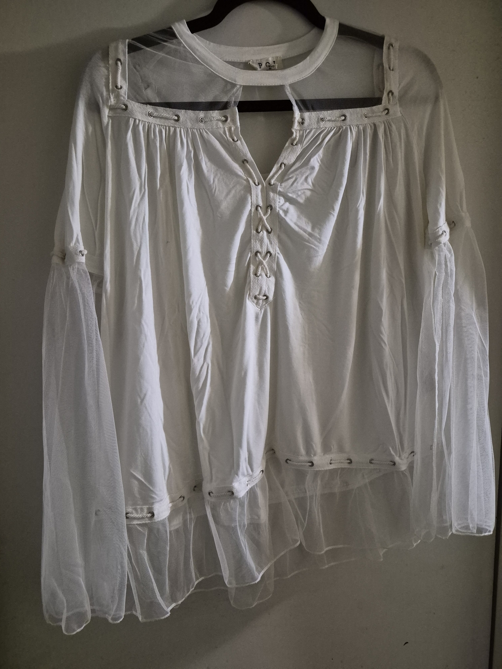 POL White Sheer Sleeve Lace-Up Boho Blouse